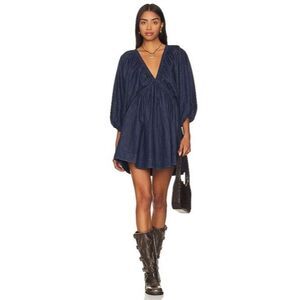 Free People Portia Denim Chambray Mini Dress Blue V-Neck M Spring Party